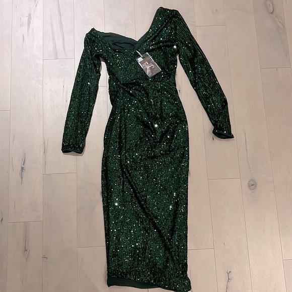 Self-Portrait Off-the-shoulder asymmetric sequinned dress green, UK 6/US 2 - Picture 9 of 9
